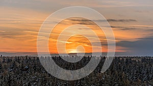 Sunset behind the wood trees