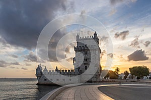 Sunset at Belem Tower (Torre de Belem) located in Lisbon, Portugal