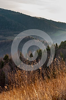 Sunset in Beskid Niski in Polish over Tylmanowa village mountain