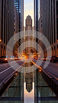 Sunset in a big city with a low angle photo with orange colors and reflections on water