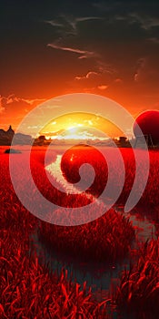 Sunset with a Big Red Sun Setting on the Rice Fields Horizon. Generative ai