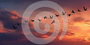 Sunset Birds Migration Flight Silhouette Against Vibrant Sky