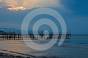 Sunset at the Black Sea shore from Albena, Bulgaria with golden