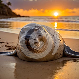 Sunset Bliss: A Monk Seal\'s Tranquil Evening Reflection photo