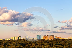 Sunset blue and pink sky over city and forest