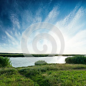 Sunset in blue sky over river