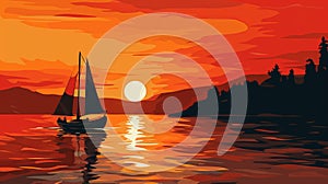Sunset Boat Painting: Flat Chromatic Fields With Small Sailboat In The Style Of E. Munch photo