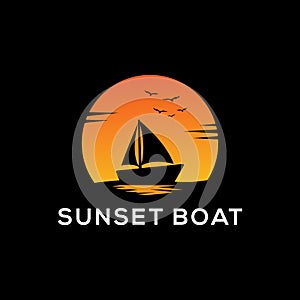 Sunset Boat silhouette logo design with dark backgrounds, sailboat vector sign symbol