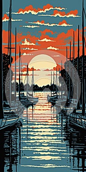 Sunset Boats At Annapolis Harbor In Woodcut-inspired Style photo