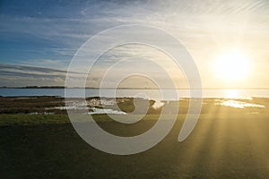 Sunset on the Bodden in Zingst on the Baltic Sea peninsula. Nature reserve