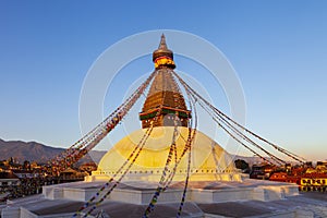 Sunset at the Boudhanath stupa Kathmandu Nepal.