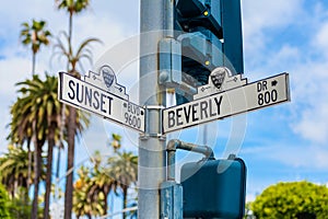 Sunset Boulevard and Beverly Drive Street Signs in Beverly Hills California