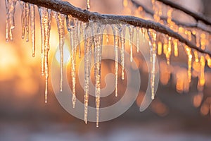 At sunset, a branch covered in ice reflects the sunlight