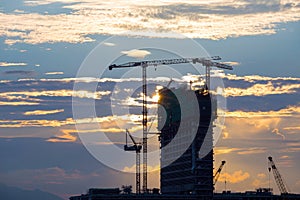 sunset on the building construction