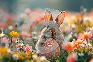 Sunset bunny with easter egg in flower field