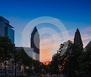 Sunset in the business district of Frankfurt, Germany