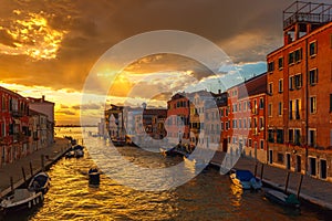 Sunset on canal Cannaregio in Venice, Italy