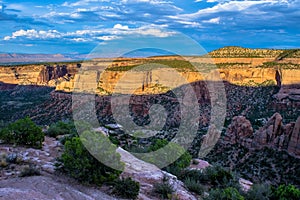 Sunset through the Canyon Gorge on the monuments in Grand Junction, Colorado