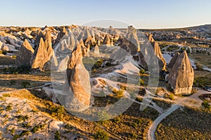 Sunset in cappadocia red valley of fairy chimneys