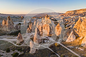 Sunset in Cappadocia red valley with fairy chimneys