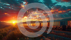 Sunset Cargo: Rail Freight Train Transporting Containers for Logistics