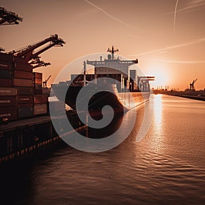 Sunset Cargo Ship at Busy Port photo