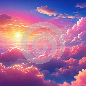 Sunset Cartoon summer sunrise with pink clouds and evening cloudy heaven Beautiful cloudscape with fluffy colorful