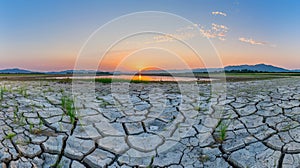a sunset casting its glow upon cracked earth during the dry season, serving as a poignant symbol of global warming and photo