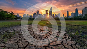 a sunset casting its glow upon cracked earth during the dry season, serving as a poignant symbol of global warming and photo