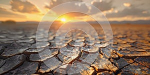 Sunset casting warm light on cracked soil