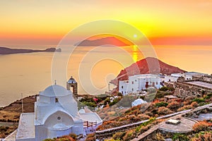 The sunset from the castle above the village of Plaka in Milos, Greece