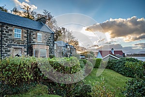 Sunset casts bright rays behind Stonefield Castle in Oban, Argyll and Bute, Scotland, UK