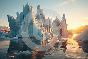Sunset casts warm glow on icy glacier landscape, reflecting off tranquil polar waters