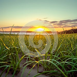 Sunset casts a warm glow over lush green grass landscape