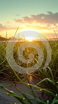 Sunset casts a warm glow over lush green grass landscape