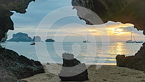 Sunset in a cave on Pranang beach. Krabi Province Thailand