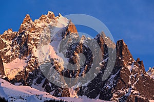 Sunset on the Chamonix Needles.Mont Blanc mountain range, Chamonix, Haute-Savoie, Alps, France