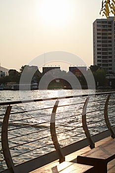 Sunset from the Chao Praya River. Bangkok Thailand. Famous tourist destination. Natural sunset lighting,