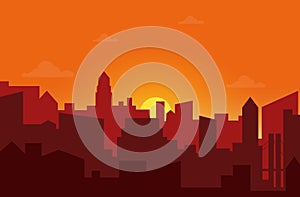 Sunset in the city. Cityscape silhouette sunrise vector illustration.