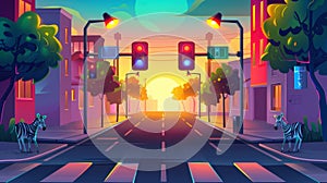 Sunset at a city crossroads with traffic lights, zebras, street signs, street lamps, a bright evening light