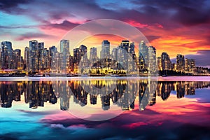 Sunset in the city with reflection of skyscrapers in water, Beautiful view of downtown Vancouver skyline, British Columbia, Canada