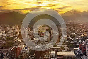 Sunset Cityscape of Beppu city and Beppu bay from Beppu tower, Oita, Kyushu, Japan