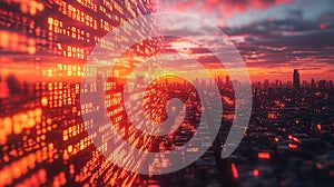 Sunset cityscape data stream