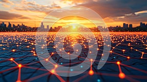 Sunset Cityscape with Glowing Network Grid