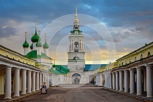 Sunset cityscape of the old shopping arcades in Kostroma city