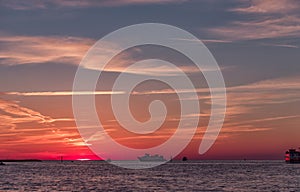 Sunset in Clearwater Beach, Florida. Landscape. Gulf of Mexico. Ferries in Background.