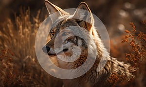 sunset close up photo of coyote amongst tall grass. Generative AI