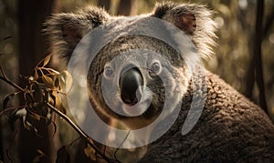 sunset close up photo of koala on blurry foret background. Generative AI