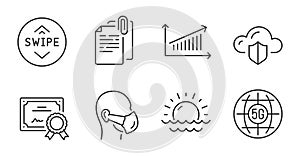 Sunset, Cloud protection and Document attachment icons set. Swipe up, Chart and 5g internet signs. Vector