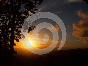 Sunset through the clouds over Honolulu seen from Tantalus mountain past tropical silhouette of trees